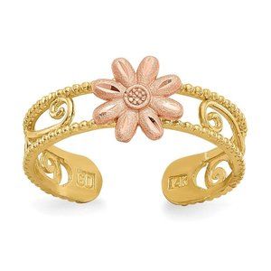 14k Yellow Gold Solid Toe Ring Two-tone Flower Adjustable